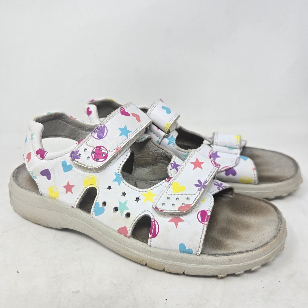Naturino Girls White Leather Heart Star Print Sandals EU 34 Hook and Loop Straps